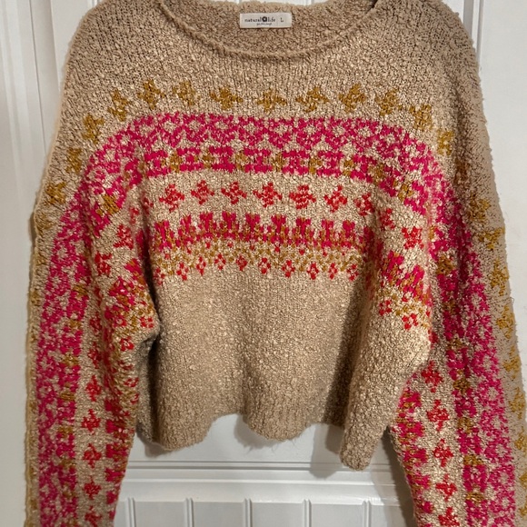 Natural Life Bouclé Fair Isle Sweater • Boho Cozy Knit • Size Large - Picture 3 of 11